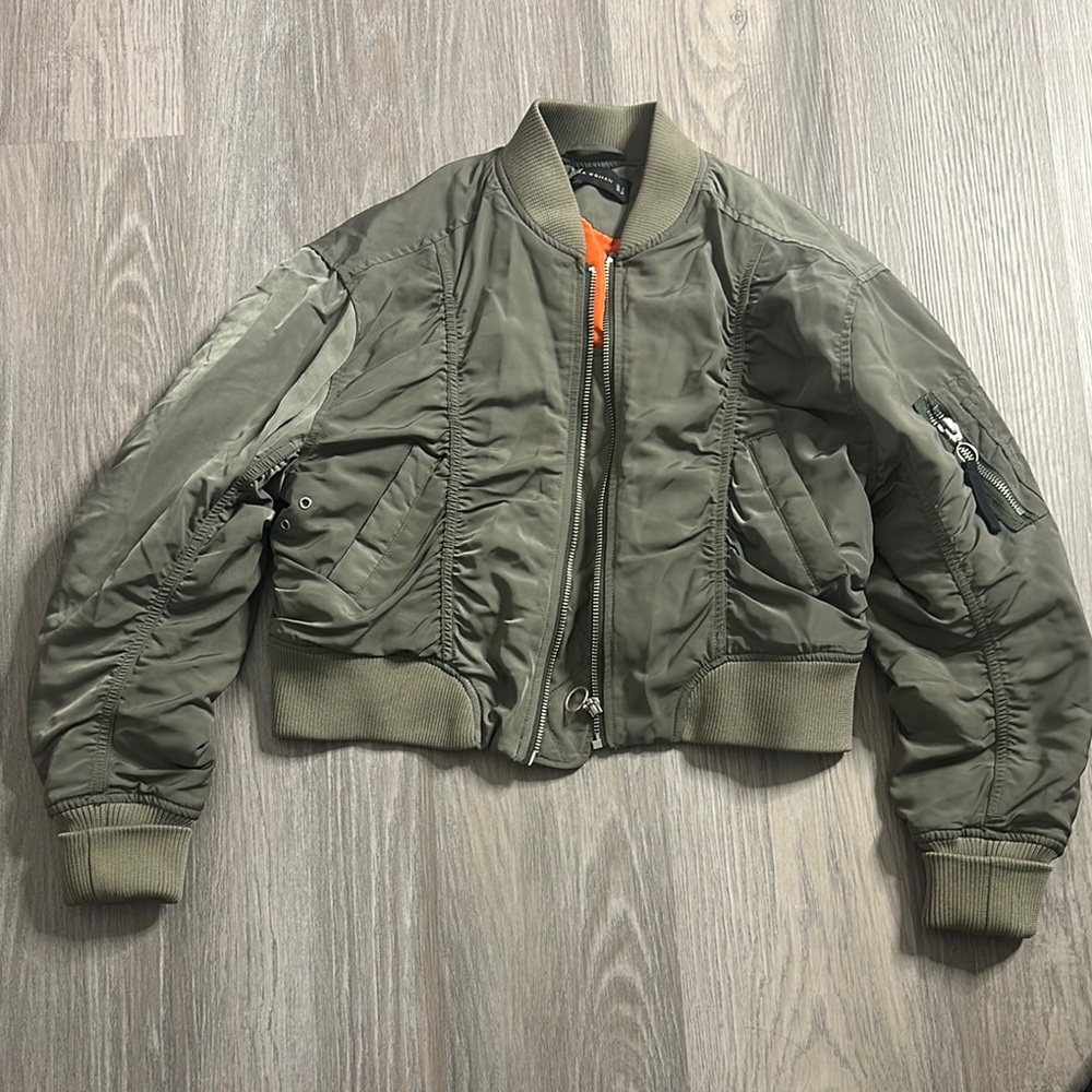 Zara Green and Orange Bomber Jacket with Quilted Design